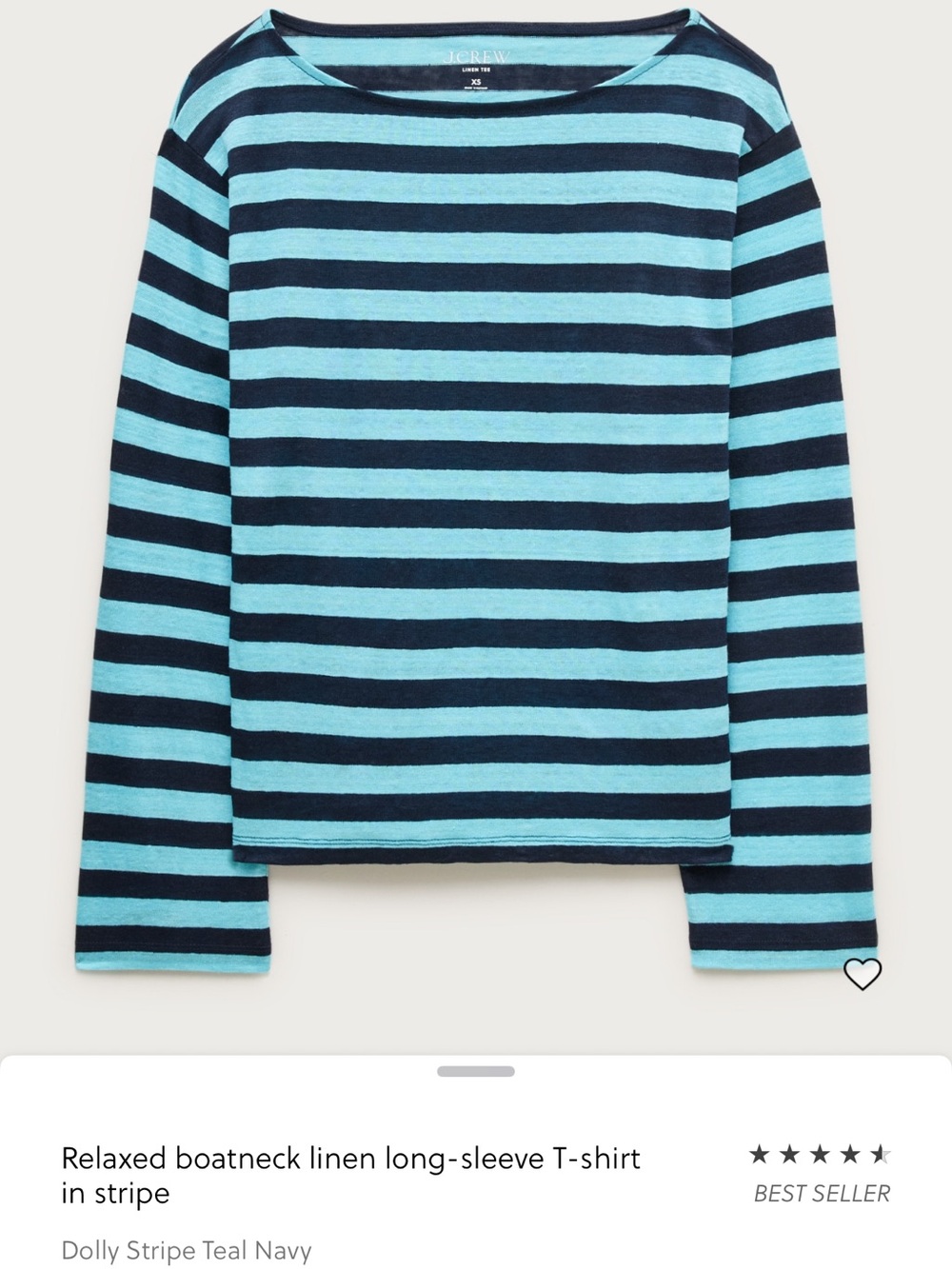 J. Crew relaxed bostneck linen long sleeve Dolly stripe teal navy